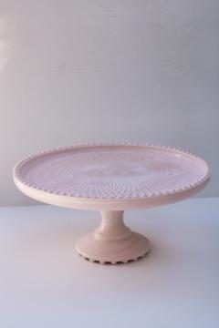 catalog photo of 1950s vintage Jeannette shell pink milk glass cake stand, pedestal dessert plate 