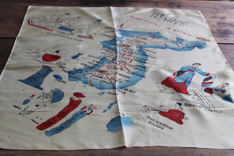 photo of 1950s vintage Korean war souvenir silky rayon scarf w/ Korea map print #1