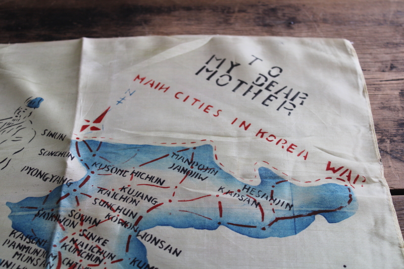 photo of 1950s vintage Korean war souvenir silky rayon scarf w/ Korea map print #2