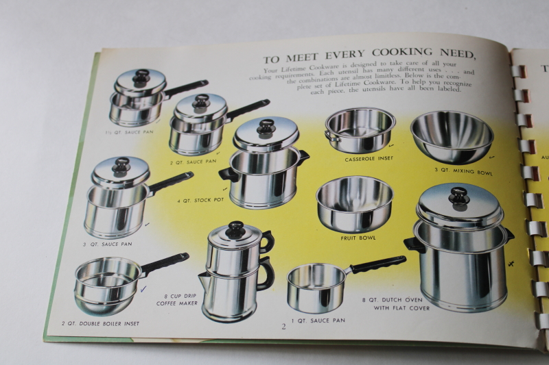 photo of 1950s vintage Lifetime stainless cookware cookbook & care guide, catalog of pots & pans  #2