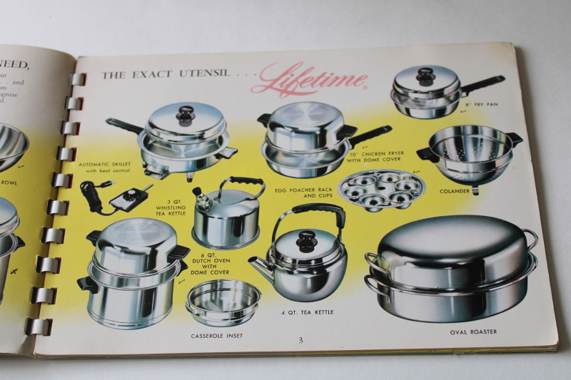 photo of 1950s vintage Lifetime stainless cookware cookbook & care guide, catalog of pots & pans  #3