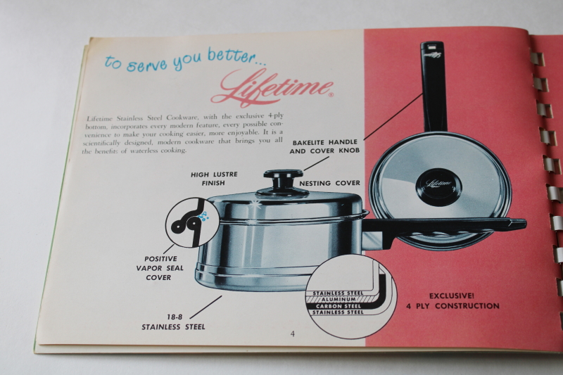 photo of 1950s vintage Lifetime stainless cookware cookbook & care guide, catalog of pots & pans  #4