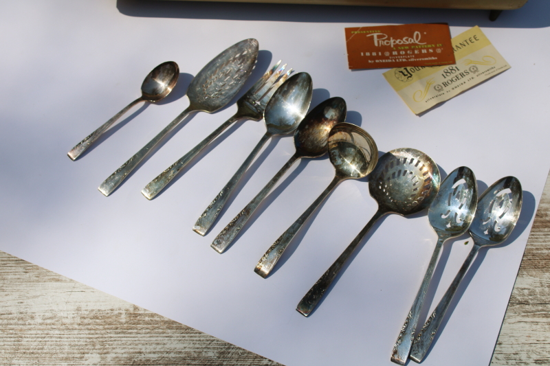 photo of 1950s vintage Proposal pattern silverplate flatware set 103 pieces in case, Oneida 1881 Rogers silverware #12