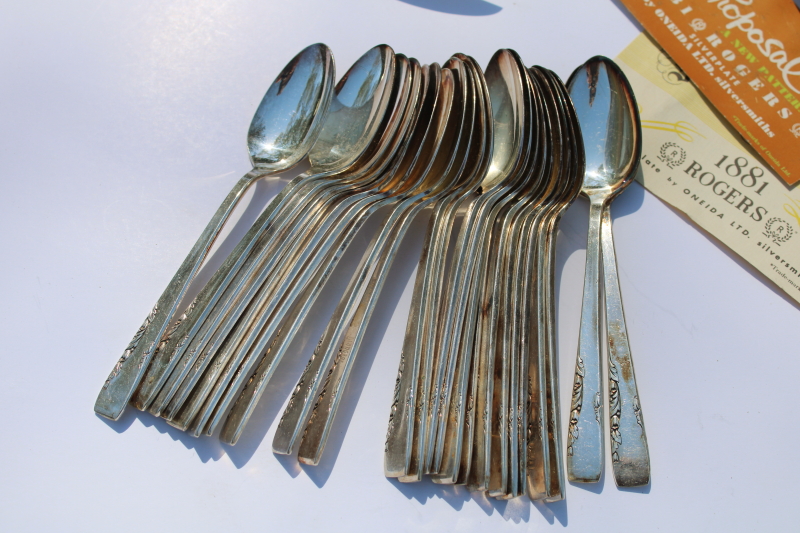 photo of 1950s vintage Proposal pattern silverplate flatware set 103 pieces in case, Oneida 1881 Rogers silverware #28