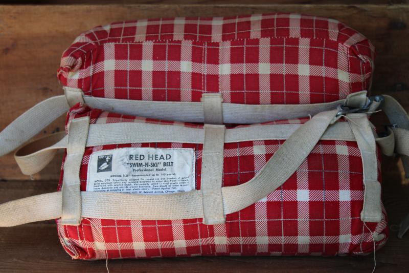 photo of 1950s vintage Red Head label plaid cotton kapok life preserver belt lake boating decor #1