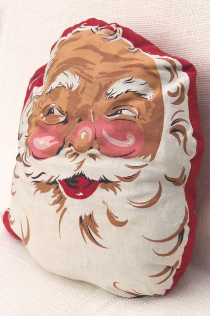 photo of 1950s vintage Santa face pillow, retro Christmas decoration, holiday print cotton cushion #3