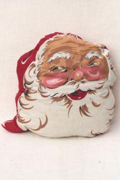 catalog photo of 1950s vintage Santa face pillow, retro Christmas decoration, holiday print cotton cushion