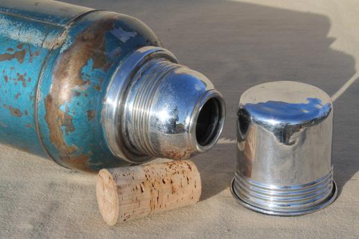 photo of 1950s vintage Stanley thermos, half-gallon vacuum bottle w/ old cork stopper #6