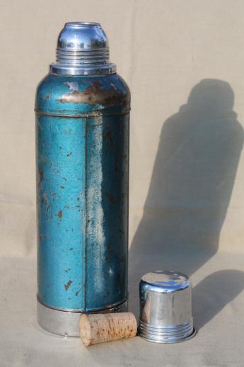 photo of 1950s vintage Stanley thermos, half-gallon vacuum bottle w/ old cork stopper #7