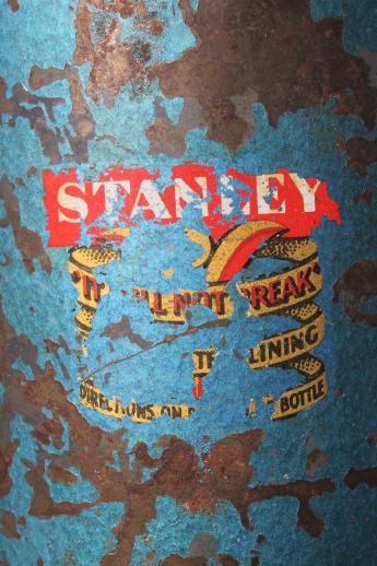 photo of 1950s vintage Stanley thermos, half-gallon vacuum bottle w/ old cork stopper #9