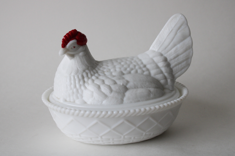 photo of 1950s vintage Westmoreland milk glass hen on nest covered dish, red comb white chicken  #1