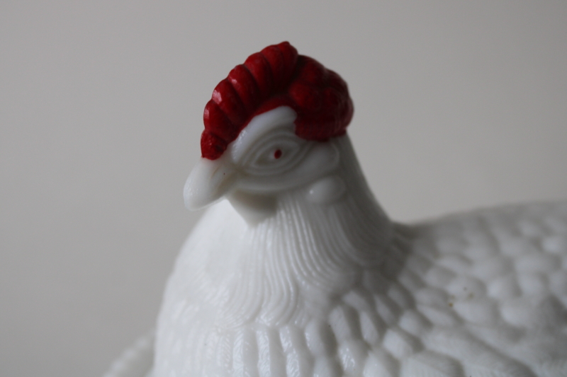 photo of 1950s vintage Westmoreland milk glass hen on nest covered dish, red comb white chicken  #4