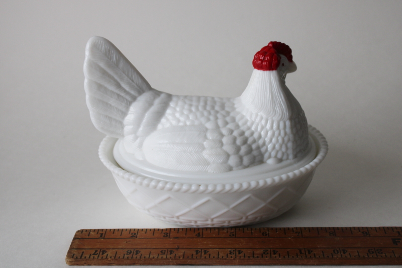 photo of 1950s vintage Westmoreland milk glass hen on nest covered dish, red comb white chicken  #6