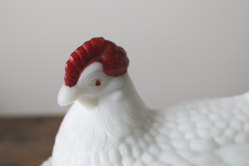 photo of 1950s vintage Westmoreland milk glass hen on nest covered dish, red comb white chicken  #2