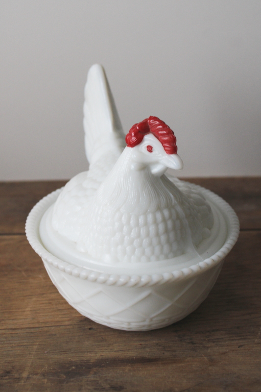 photo of 1950s vintage Westmoreland milk glass hen on nest covered dish, red comb white chicken  #3