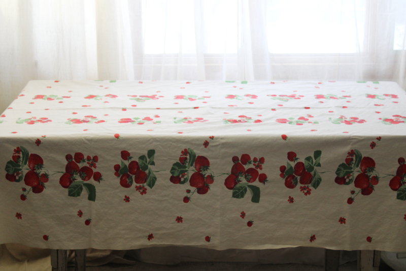 photo of 1950s vintage Wilendure red strawberry printed cotton tablecloth, bright retro fruit print #1