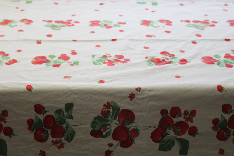 photo of 1950s vintage Wilendure red strawberry printed cotton tablecloth, bright retro fruit print #2