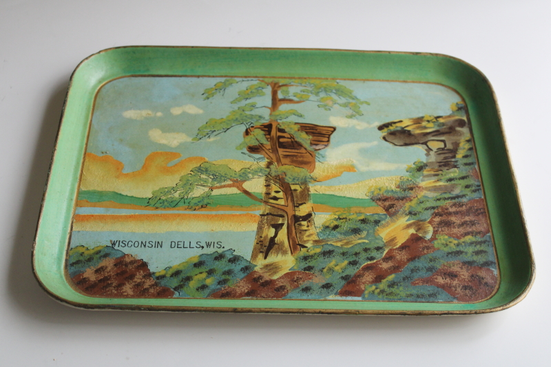 photo of 1950s vintage Wisconsin Dells souvenir, large tray hand painted Standing Rock scene  #1