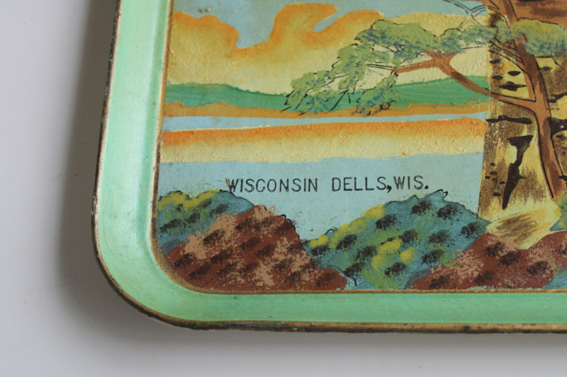 photo of 1950s vintage Wisconsin Dells souvenir, large tray hand painted Standing Rock scene  #2