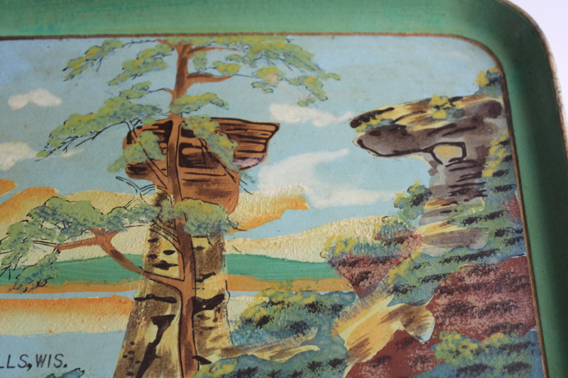 photo of 1950s vintage Wisconsin Dells souvenir, large tray hand painted Standing Rock scene  #3