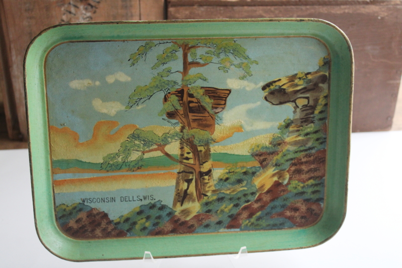 photo of 1950s vintage Wisconsin Dells souvenir, large tray hand painted Standing Rock scene  #4