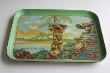 1950s vintage Wisconsin Dells souvenir, large tray hand painted Standing Rock scene 