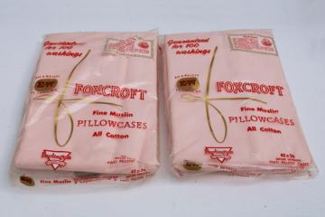 catalog photo of 1950s vintage all cotton muslin pillowcases pink solid color Foxcroft packages sealed 
