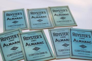 catalog photo of 1950s vintage almanacs, old blue books farm advertising Royster Guano fertilizer Norfolk Virginia