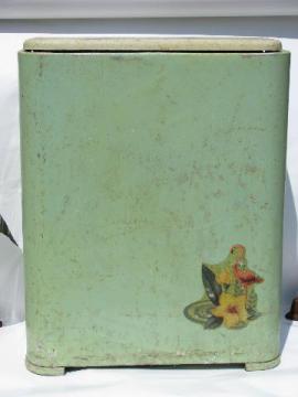 catalog photo of 1950's vintage aluminum clothes hamper for laundry, jadite green w/ decal