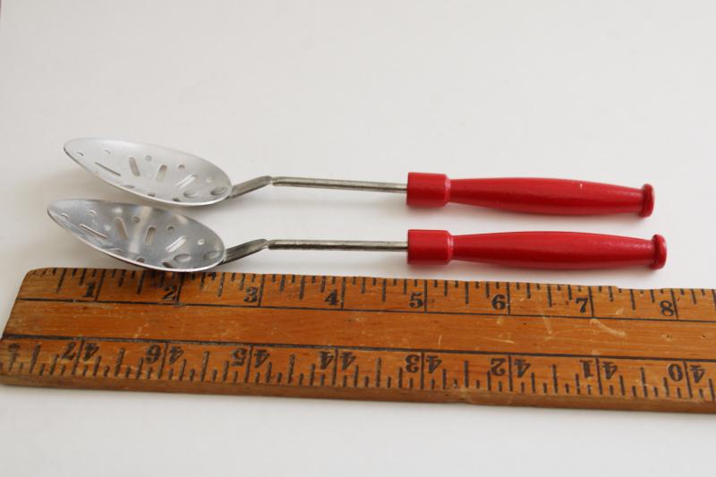 photo of 1950s vintage aluminum spoons w/ red painted wooden handles, working toy kitchen utensils #6