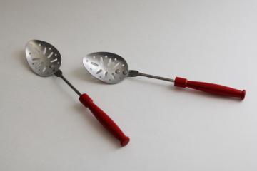 1950s vintage aluminum spoons w/ red painted wooden handles, working toy kitchen utensils