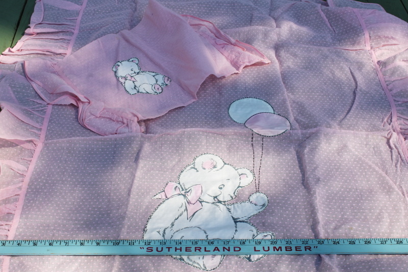photo of 1950s vintage baby crib bedspread & pillow sham, teddy bear on sheer pink cotton organdy dotted swiss fabric #2
