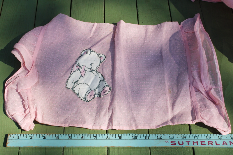 photo of 1950s vintage baby crib bedspread & pillow sham, teddy bear on sheer pink cotton organdy dotted swiss fabric #6