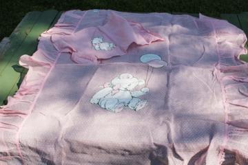 1950s vintage baby crib bedspread & pillow sham, teddy bear on sheer pink cotton organdy dotted swiss fabric 
