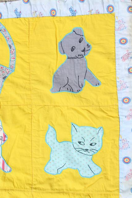 photo of 1950s vintage baby quilt, cotton applique crib blanket w/ kittens and cats #5