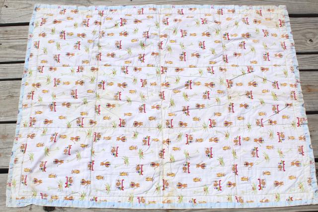 photo of 1950s vintage baby quilt, cotton applique crib blanket w/ kittens and cats #10