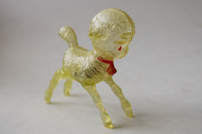 photo of 1950s vintage baby toy, glitter hard plastic rattle, little lamb for spring Easter decor  #1