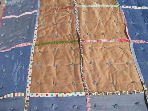 photo of 1950s vintage bedspread comforter tied quilt, taffeta blocks in pinks & blues #3