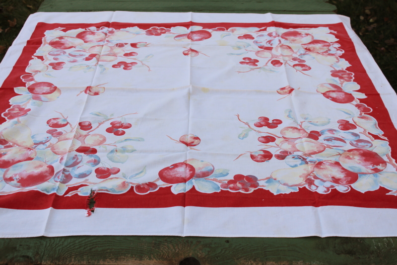 photo of 1950s vintage big apples printed kitchen tablecloth, retro fruit print cotton fabric  #1
