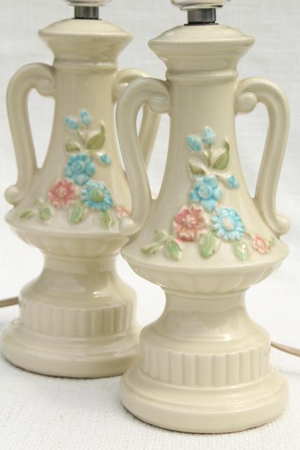 photo of 1950s vintage boudoir lamps, ceramic vanity table lamp pair, pottery w/ retro flowers #2