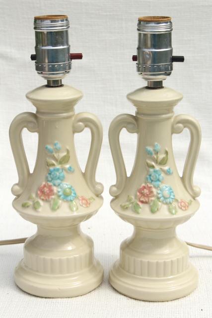 photo of 1950s vintage boudoir lamps, ceramic vanity table lamp pair, pottery w/ retro flowers #3