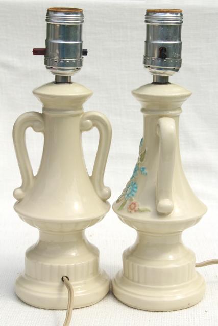 photo of 1950s vintage boudoir lamps, ceramic vanity table lamp pair, pottery w/ retro flowers #4