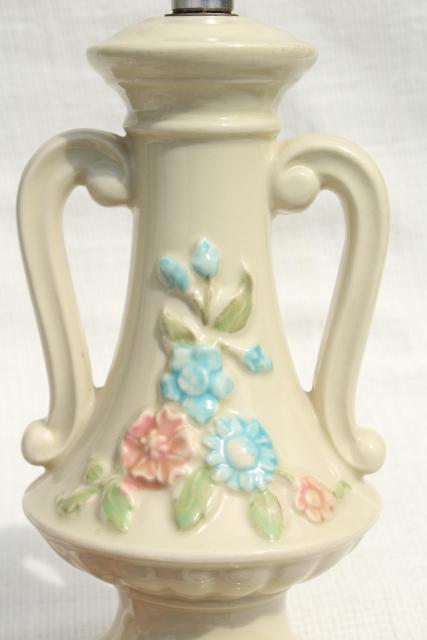 photo of 1950s vintage boudoir lamps, ceramic vanity table lamp pair, pottery w/ retro flowers #6