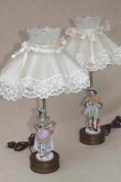 catalog photo of 1950s vintage boudoir lamps w/ ruffled shades, french country couple china figurine lamp bases