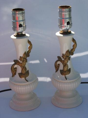 photo of 1950s vintage boudoir vanity lamps, ivory pottery w/ gold #1