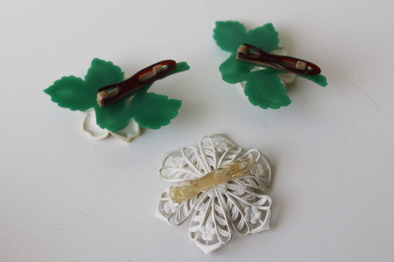 photo of 1950s vintage celluloid plastic barrettes lot, pair of flower hair clips & single lace rose  #2