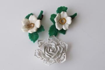 1950s vintage celluloid plastic barrettes lot, pair of flower hair clips & single lace rose 