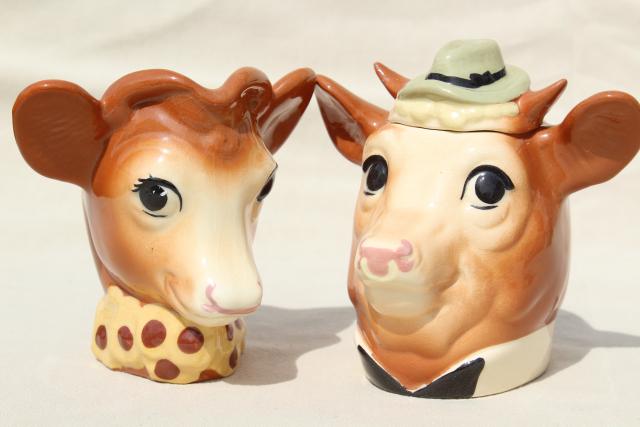 photo of 1950s vintage ceramic Elmer & Elsie Borden cow creamer, cream pitcher & sugar set #1