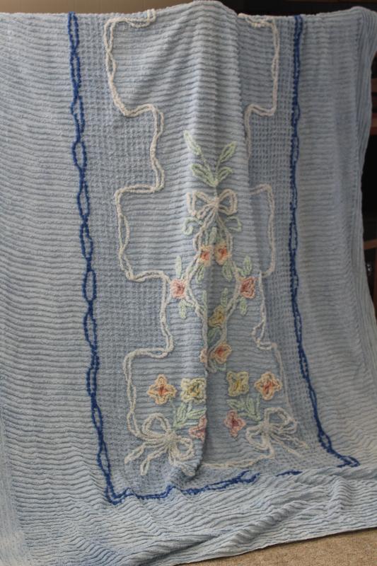 photo of 1950s vintage chenille bedspread blue w/ flowers, all cotton so soft & plush #1