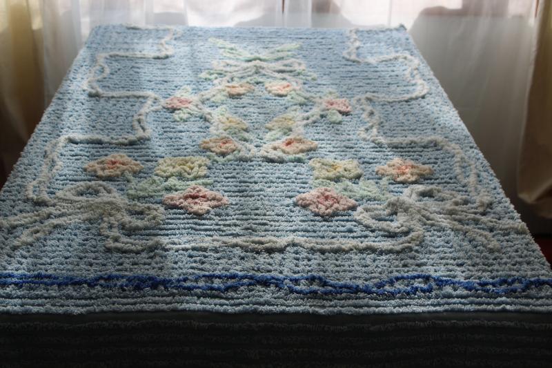 photo of 1950s vintage chenille bedspread blue w/ flowers, all cotton so soft & plush #3